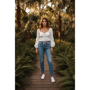 ACOA Women Crop Top S White Eyelet Balloon Sleeve Smocked Back Cottagecore